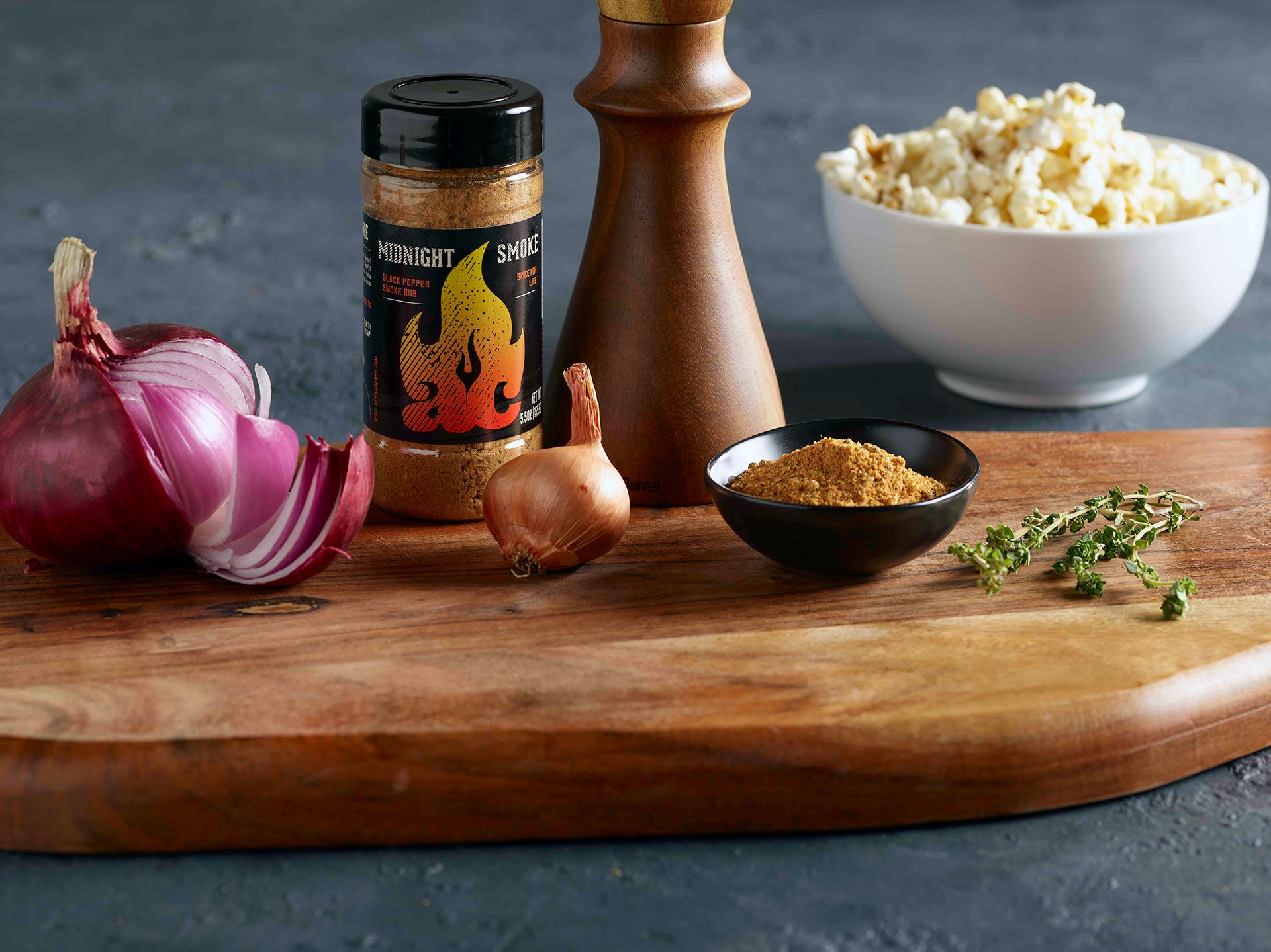 Midnight Smoke seasoning rub on a cutting board with other ingredients