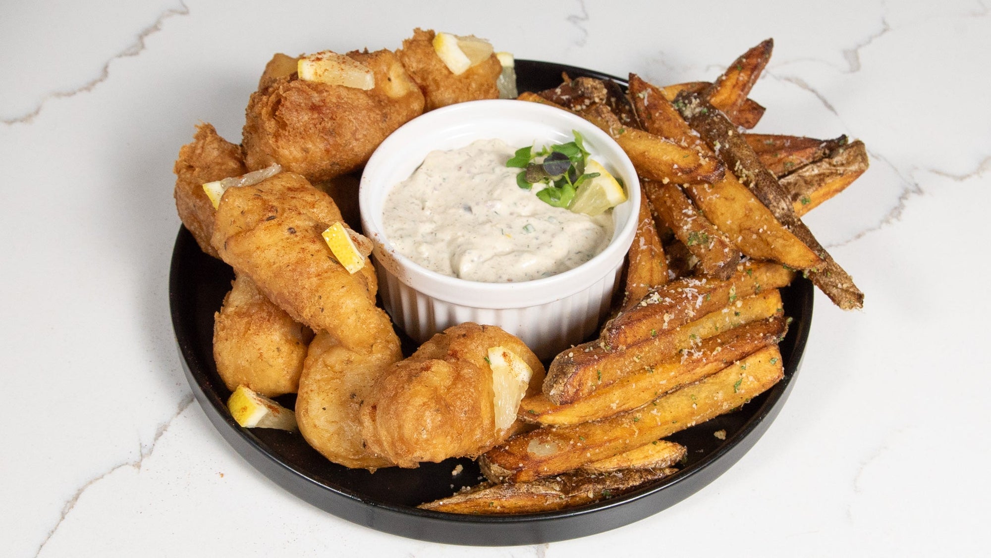 Beer Batter Fish & Chips with Smoked Oyster Tartar Sauce